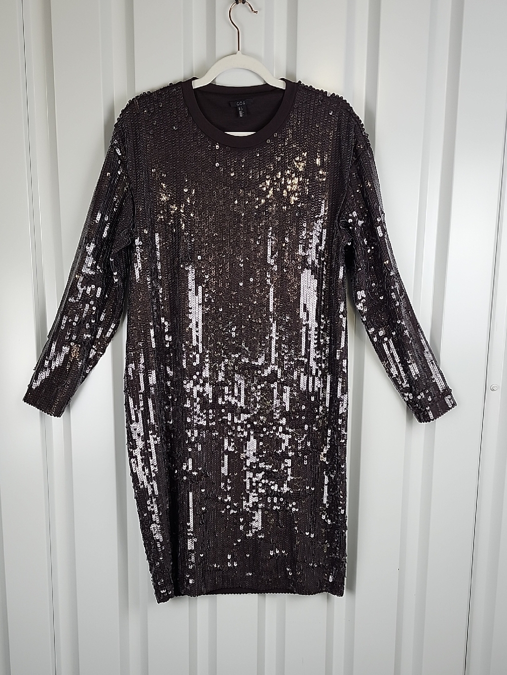 COS Womens Dark Gray Black Sequin Long Sleeve Shift Dress Small Party Loose Fit